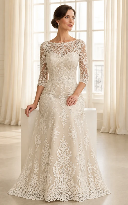 Openwork Modest Older Brides Lace A-Line Floor-length Bateau Three-Quarter Sleeve Mother Dress