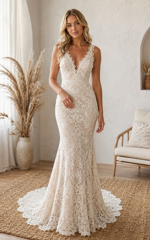 Elegantes, langärmeliges, hochgeschlossenes A-Linien-Brautkleid mit Bolero aus Spitze und Schleppe