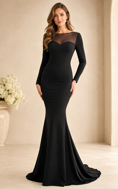 Vestido formal largo de crepé negro con escote barco y mangas ilusión, estilo sirena.