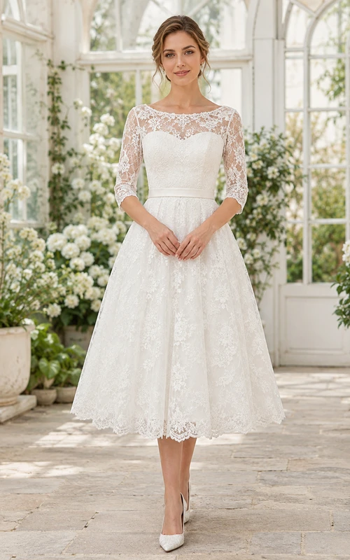 Vintage White Tea-Length Bateau Sweetheart Lace Sleeve Garden Dress Outdoor