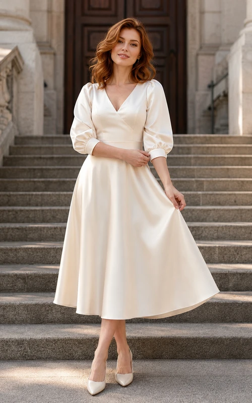 Petite Courthouse V-Ausschnitt Puffärmel Satin-Hochzeitskleid
