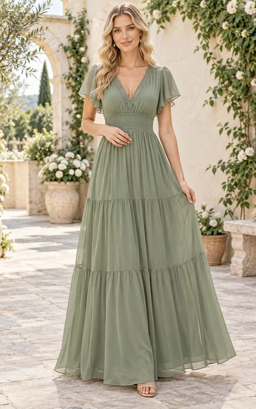 Vestido largo de dama de honor de gasa fruncida con escote en V, mangas con volantes y estilo bohemio, color verde salvia.