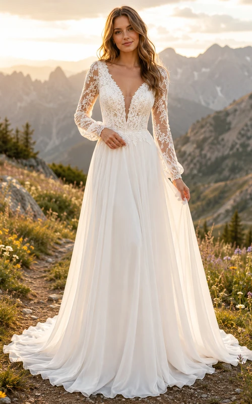 Long Sleeve Lace A-Line Mountain Wedding Dress