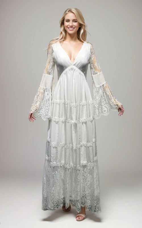 Vestido de novia playero bohemio bohemio de encaje con mangas largas y espalda escotada