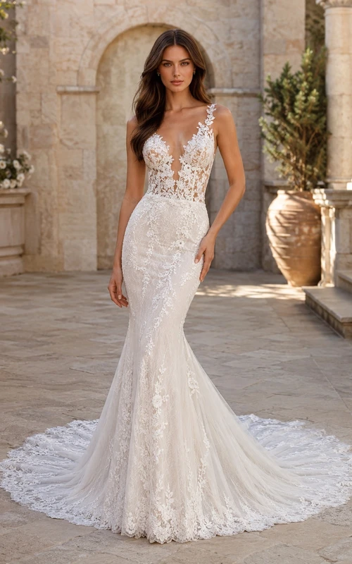 Lace Mermaid V-neck Sleeveless Appliqued Cathedral Train Luxury Bridal Gown