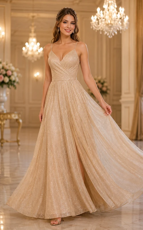 Robe de bal grande taille en tulle champagne pailleté, coupe trapèze, col en V et dos croisé