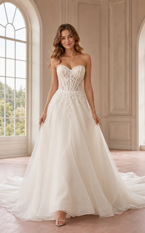 Vestido de novia largo sin tirantes con corsé de encaje y corte en A hasta el suelo