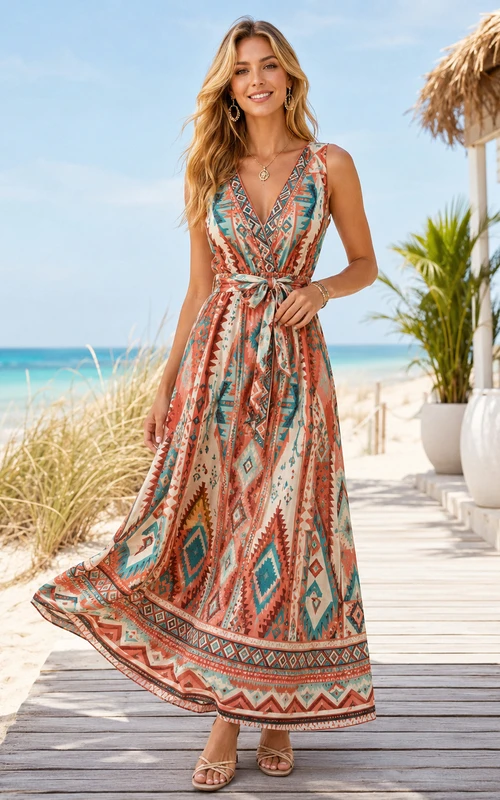 Robe longue de vacances trapèze à col en V et ceinture, style tribal géométrique