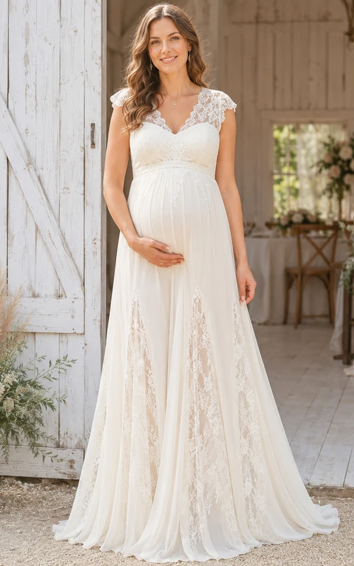 Maternity V Neck Cap Lace Sleeve Empire Chiffon A-Line Sweep Wedding Gown