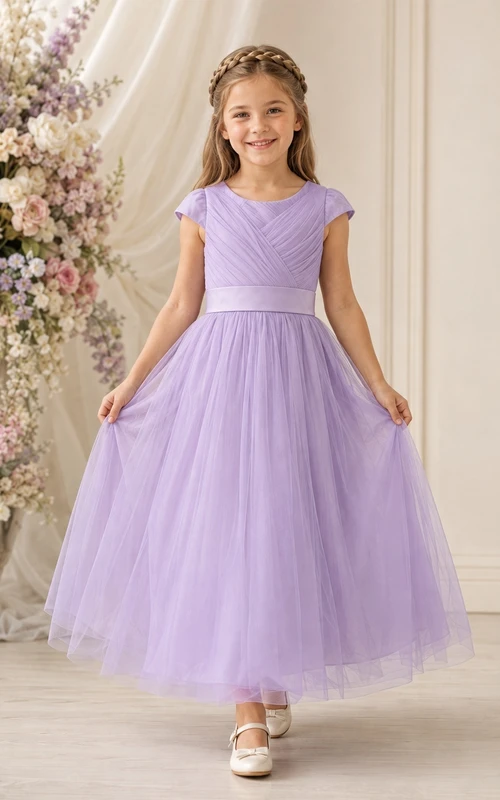 Lavendelfarbenes Brautjungfernkleid für junge Damen, A-Linie, Rundhalsausschnitt, kurze Flügelärmel, Tüllschleife, bezaubernd, romantisch