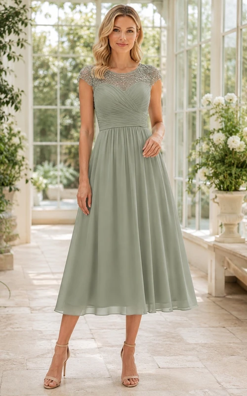 Sage Cap Sleeve Beaded Chiffon A-Line Tea-length Formal Guest Dress