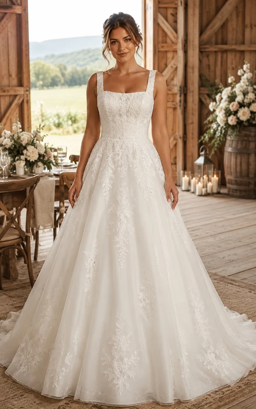 Vestido de novia campestre de tul y encaje con escote cuadrado, corte en A, apliques y cola de capilla.