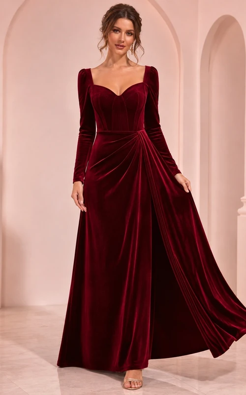 Burgundy Long Sleeve Sweetheart Velvet A-Line Floor-Length Modest Winter Evening Gown