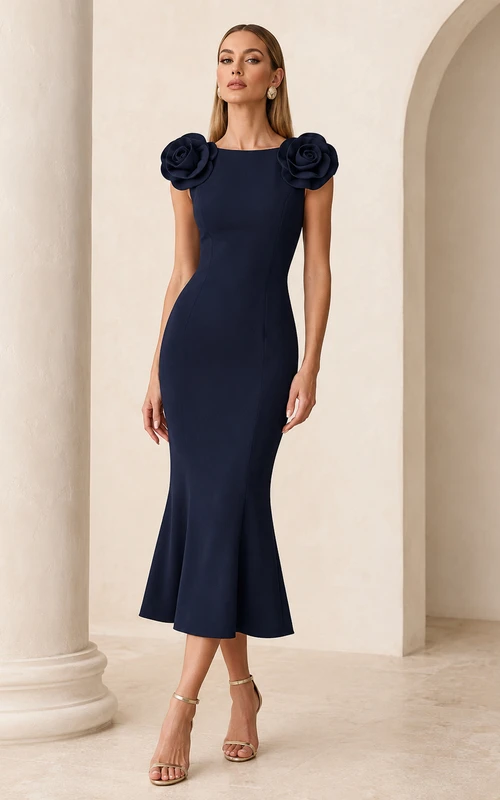 Dark Navy Rosette Shoulder Mermaid Midi Dress