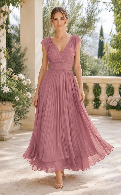 Robe de soirée en mousseline rose poudré à col en V et longueur thé