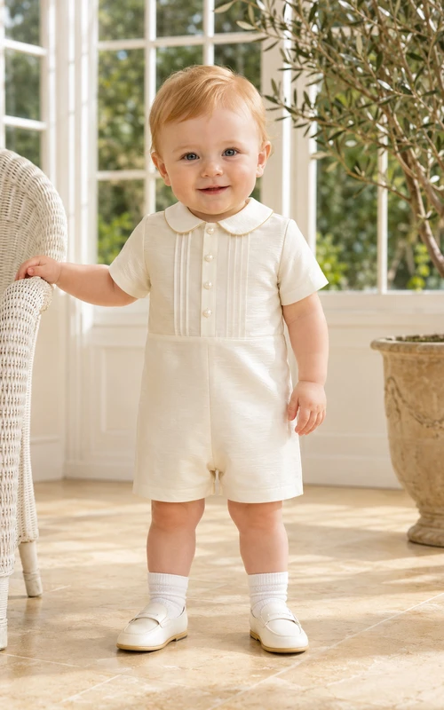 Ivory Pintuck Peter Collar Short Sleeve Baby Blessing Romper for Baby Boy