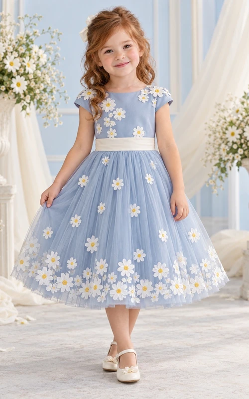 Teelanges, blaues, geblümtes Sommerkleid in A-Linie aus Tüll mit kurzen Ärmeln und Bordüre für Blumenmädchen