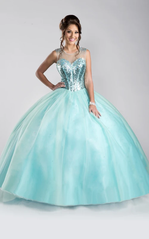 Ärmelloses A-Linien-Ballkleid aus Tüll mit Paillettenoberteil und Schlüssellochausschnitt am Rücken