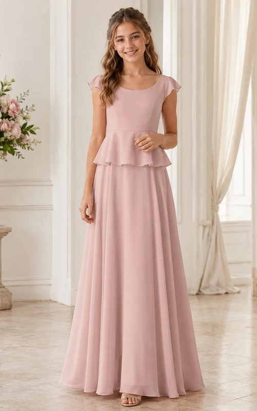 Vestido de dama de honor juvenil rosa ruborizado, corte en A, escote redondo, manga corta, falda de gasa, cintura con volantes, estilo romántico.