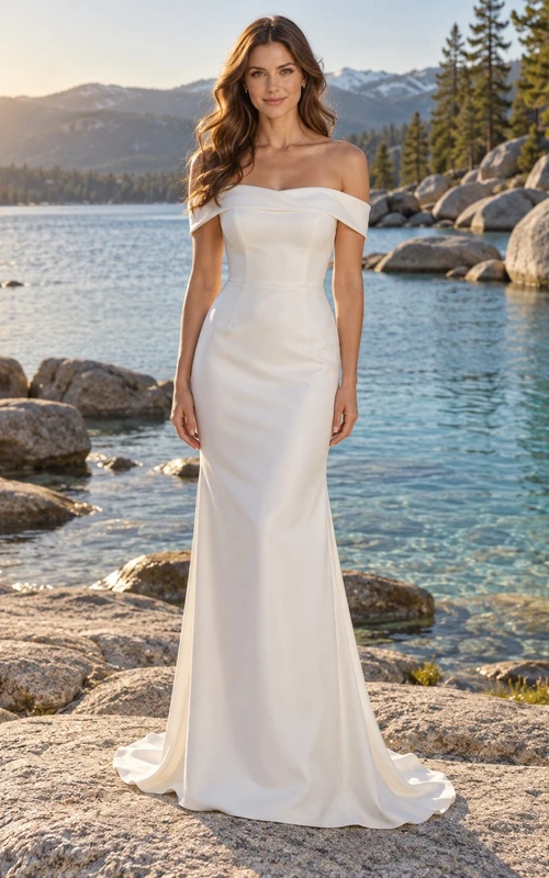 Vestido de novia sencillo de sirena, manga corta, satén liso, largo hasta el suelo.