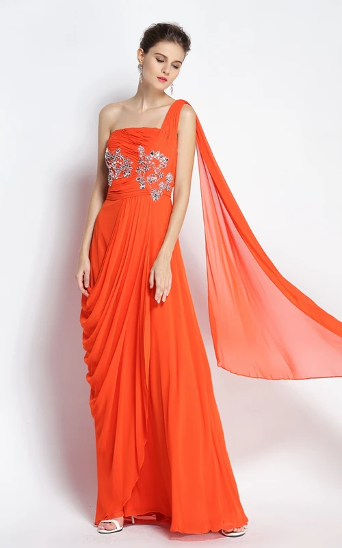 A-Linien-Abendkleid aus Chiffon, bodenlang, ärmellos, mit einer Schulter, Perlenstickerei und Drapierung