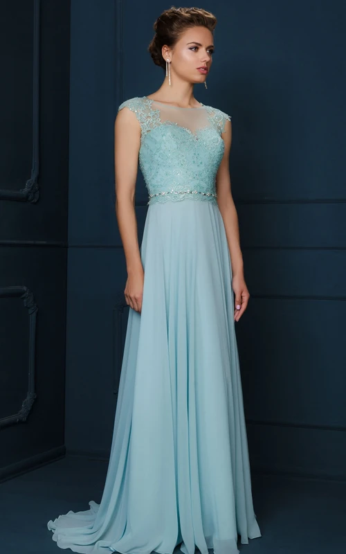A-Line Jewel-Neck Cap-Sleeve Appliqued Maxi Chiffon&Lace Evening Dress With Beading And Pleats