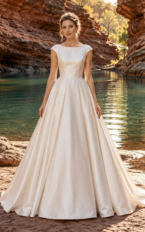 Schlichtes, ärmelloses Brautkleid aus Satin in A-Linie und bodenlang mit U-Boot-Ausschnitt