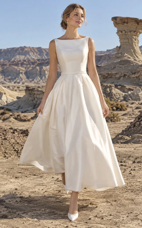 Vestido de novia sencillo de tafetán, corte en A, sin mangas, con escote barco y falda plisada, hasta la rodilla.