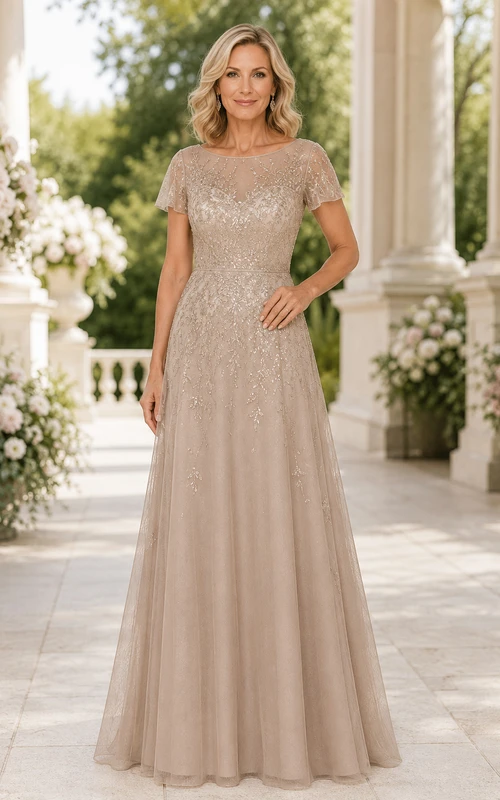 Champagnerfarbenes Tüll-A-Linien-Kleid für die Mutter mit perlenbesetztem Oberteil
