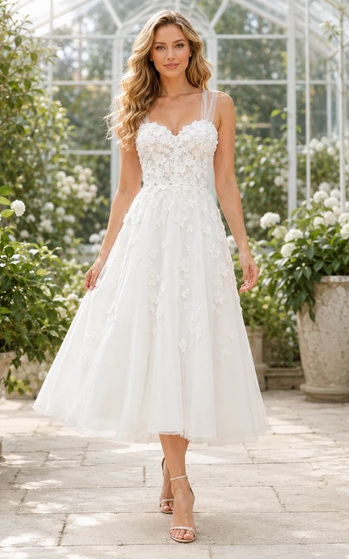 Civil Tea-Length Spaghetti Lace Tulle A-Line Floral Applique Wedding Dress