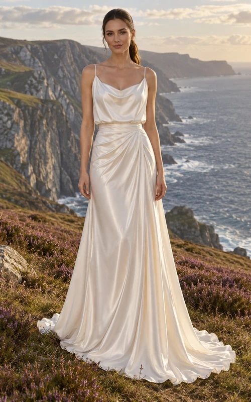 Vestido de novia sencillo de charmeuse, sin mangas, con escote drapeado y cola.
