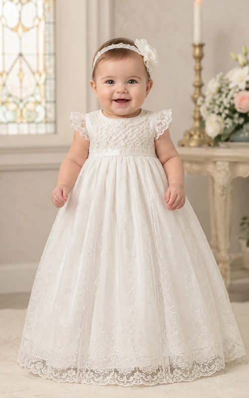 Baby Christening Gown Modest A-Line Puff Sleeve Tulle Lace Floor-Length with Bow Sash in Ivory