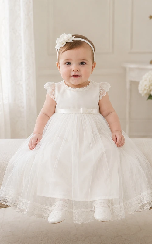Cap Sleeve Baptism Dress A-Line Tulle Lace Jewel Neck Knee-Length