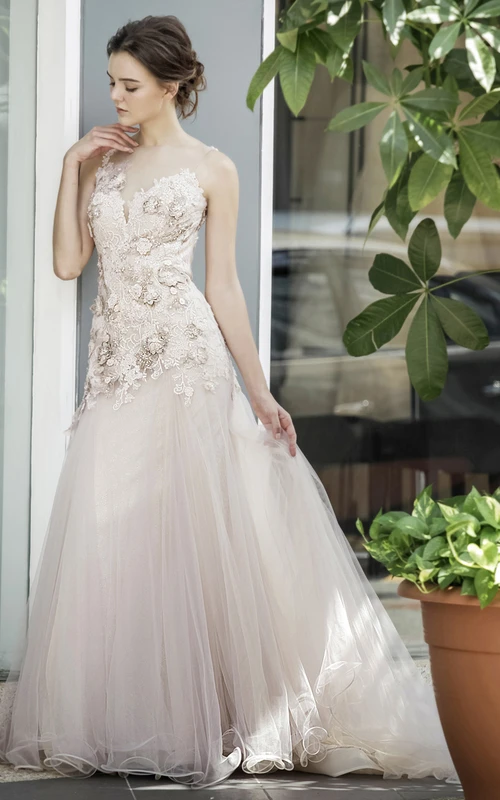 Robe de soirée vaporeuse en tulle sans manches, longue jusqu'au sol, ornée d'appliqués