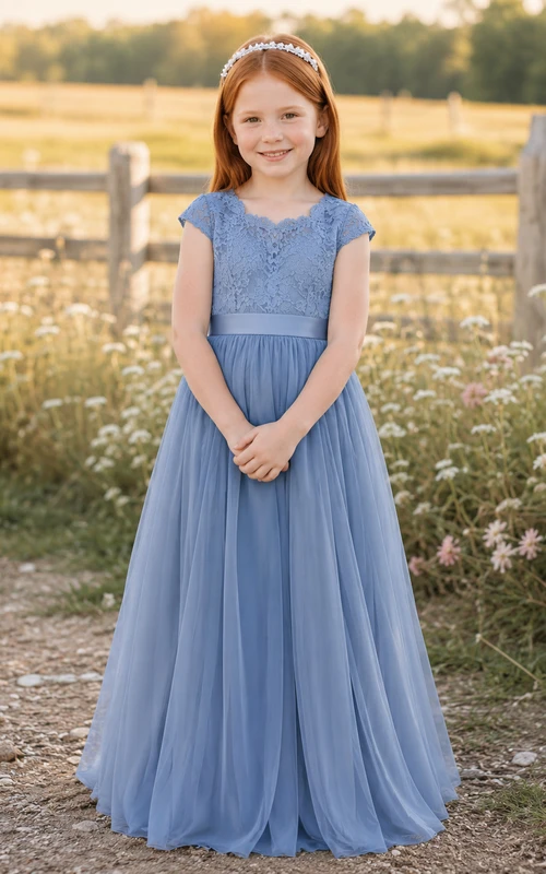 Lace Bodice Tulle A-Line Flower Girl Dress with Short Sleeves, Jewel Neck and Tea-Length Skirt