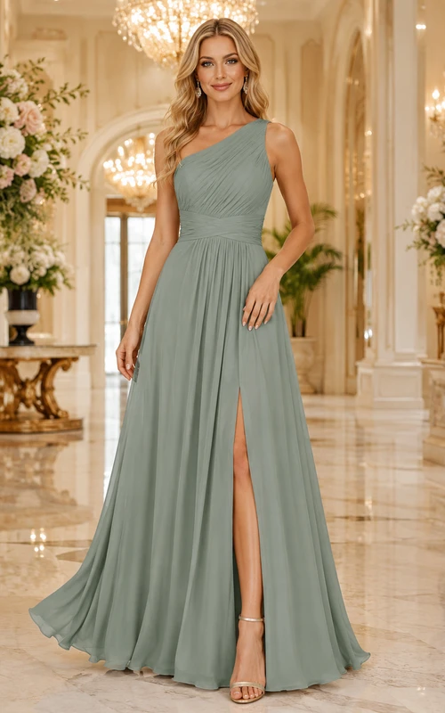 Evening Gala Formal Sage Simple Elegant A-Line Chiffon Bridesmaid Dress with One-Shoulder Sleeveless Floor-Length Slit Skirt Pleated Open Back