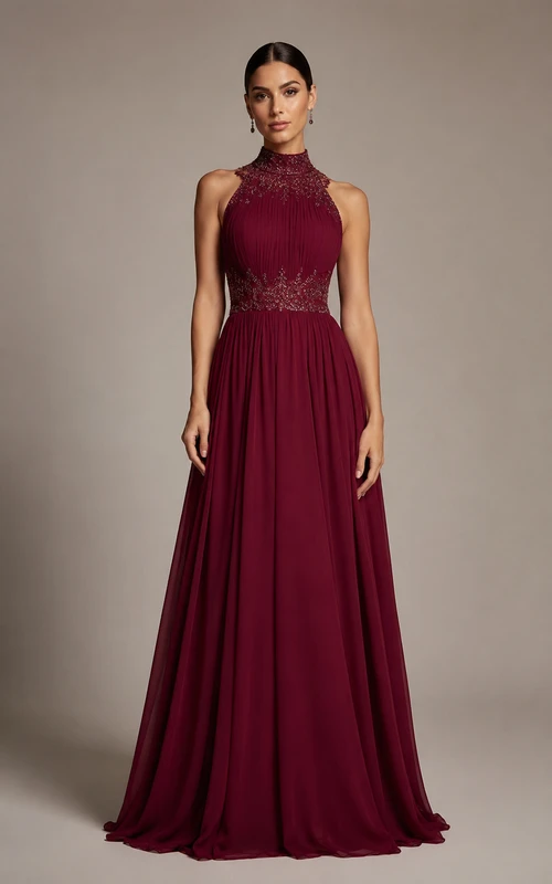 Robe de soirée en mousseline bordeaux à corsage en dentelle et coupe trapèze