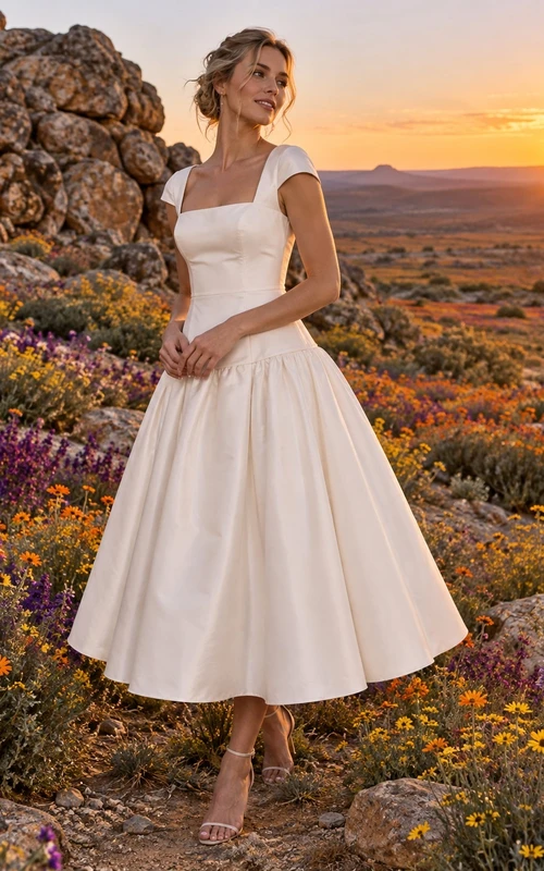 Simple Tea Length Square Neck Satin Cap Sleeve Dropped Waist Wedding Dress