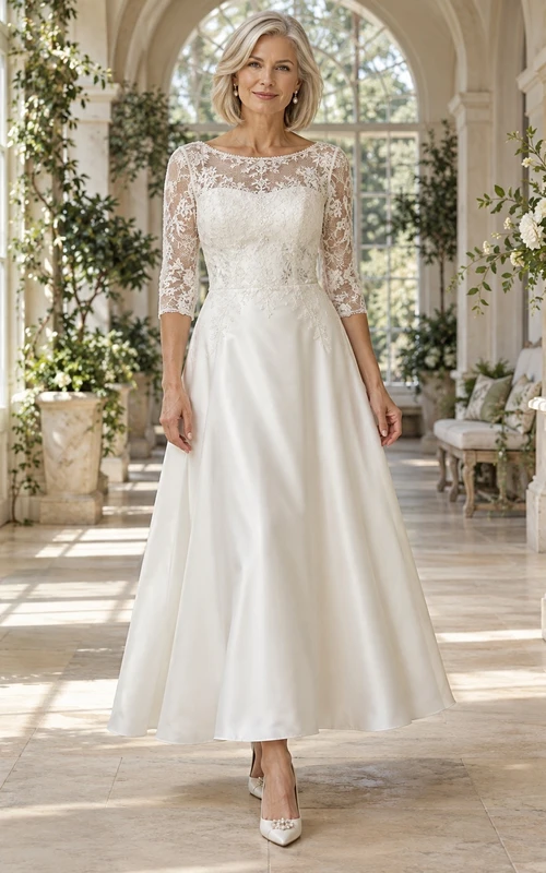 Vestido de novia de corte A, largo hasta el suelo, con escote perlado, mangas tres cuartos, corpiño de encaje y satén.