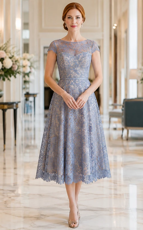 Steel Blue Lace Cap Sleeve Tea Cocktail Dress