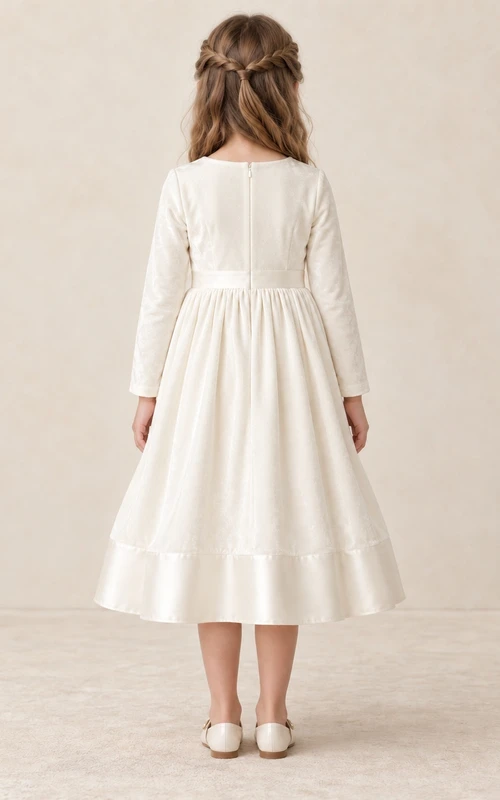 Schlichtes, langärmeliges, elfenbeinfarbenes, teelanges Samtkleid mit breiter Schärpe und vollem Bandbesatz für Blumenmädchen