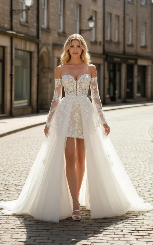 Robe de mariée sexy en dentelle à manches longues et décolleté cœur, avec jupe amovible