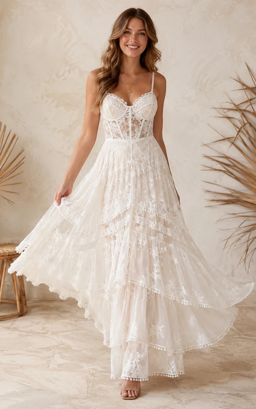 Vestido de novia bohemio de tirantes finos, escote corazón, encaje, corte A con volantes asimétricos