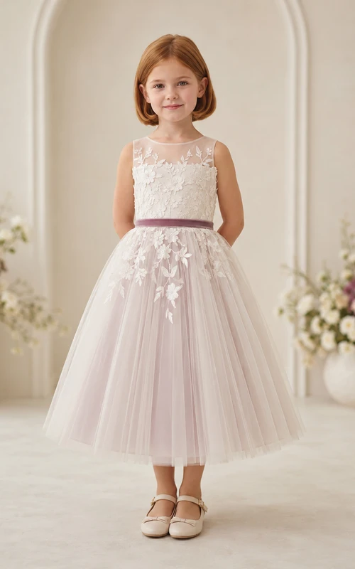 Flower Girl Dress A-Line Cream Mauve Lace Tulle Sleeveless Formal