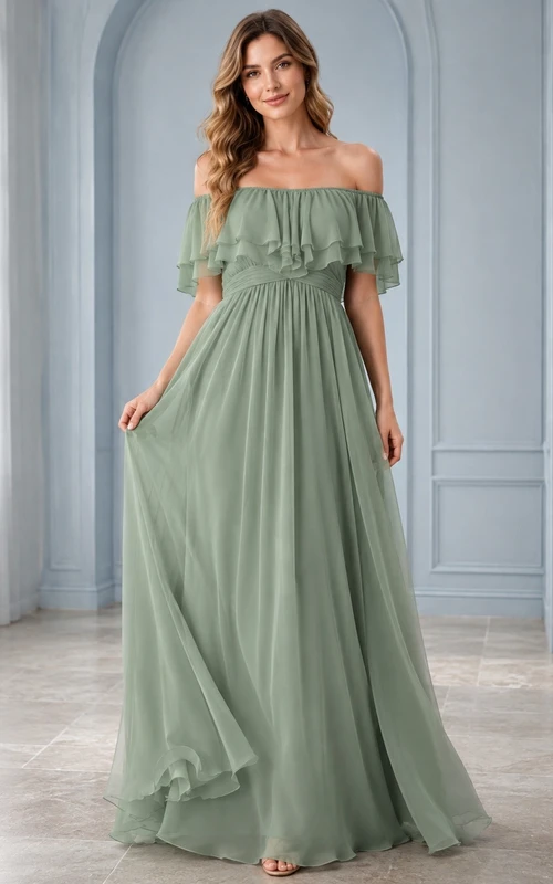 Vestido de dama de honor formal de gasa con volantes, corte en A y hombros descubiertos.