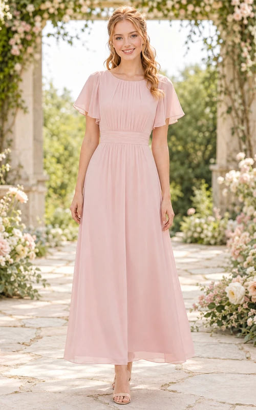 Robe de demoiselle d'honneur junior en mousseline rose poudré, manches courtes, longueur cheville, à manches courtes et discrètes