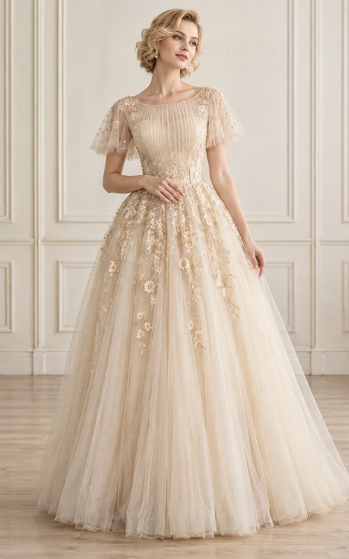 Robe de mariée victorienne en tulle, coupe trapèze, corsage plissé en dentelle, manches papillon et bustier plissé.