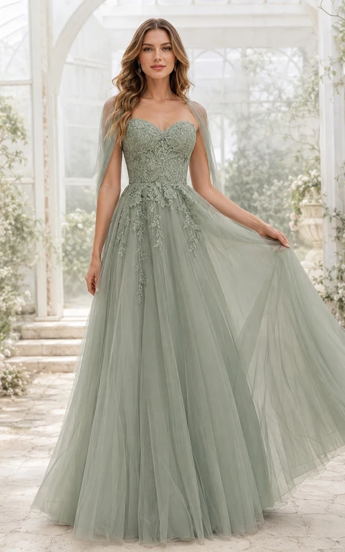 Sage Green Square Neck Sleeveless Layered Tulle Gown
