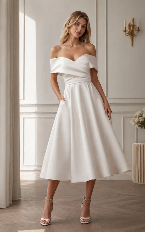 Elegante vestido de novia de satén de corte imperio con escote Bardot y largo hasta la rodilla.