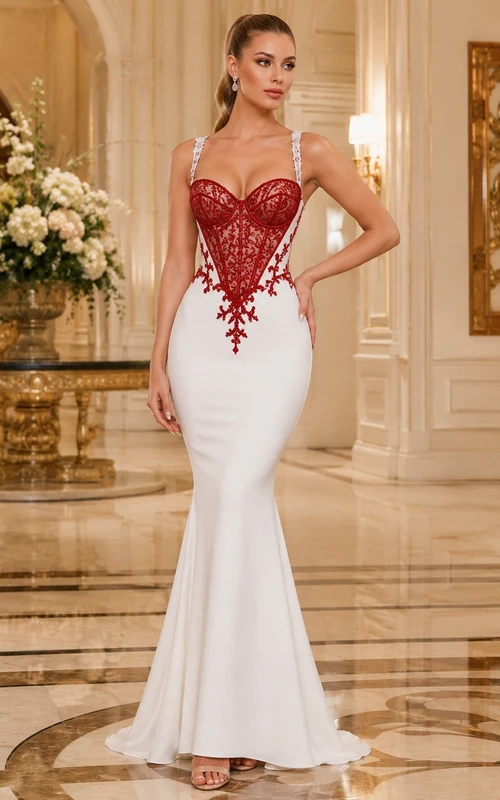 Weißes, rotes Spitzenkorsett mit herzförmigen Trägern, Raffungen und bodenlangem Meerjungfrauen-Abendkleid
